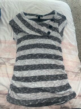 BCX Gray & Black Striped Short Sleeve Knit Top with Button Detail